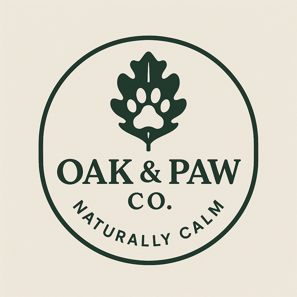 Logo of Oak & Paw Co. with a leaf and paw print design on a beige background