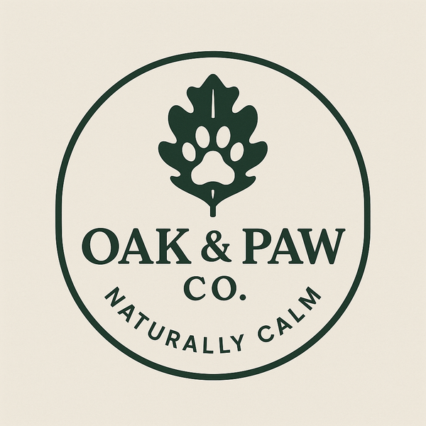 Logo of Oak & Paw Co. with a leaf and paw print design on a beige background