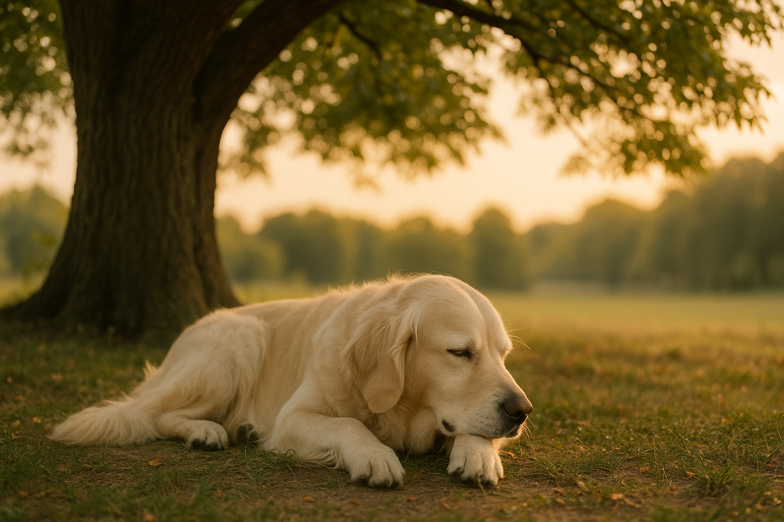 Dog lying under a tree in a park at sunset