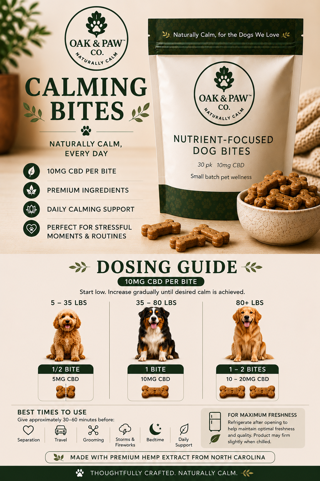 Oak & Paw calming bites packaging with dosing guide on a light background