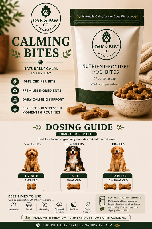Oak & Paw calming bites packaging with dosing guide on a light background