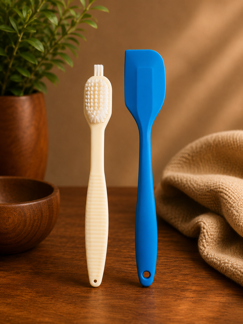 Two kitchen utensils, a beige brush and a blue spatula, on a wooden surface with a plant and towel in the background.