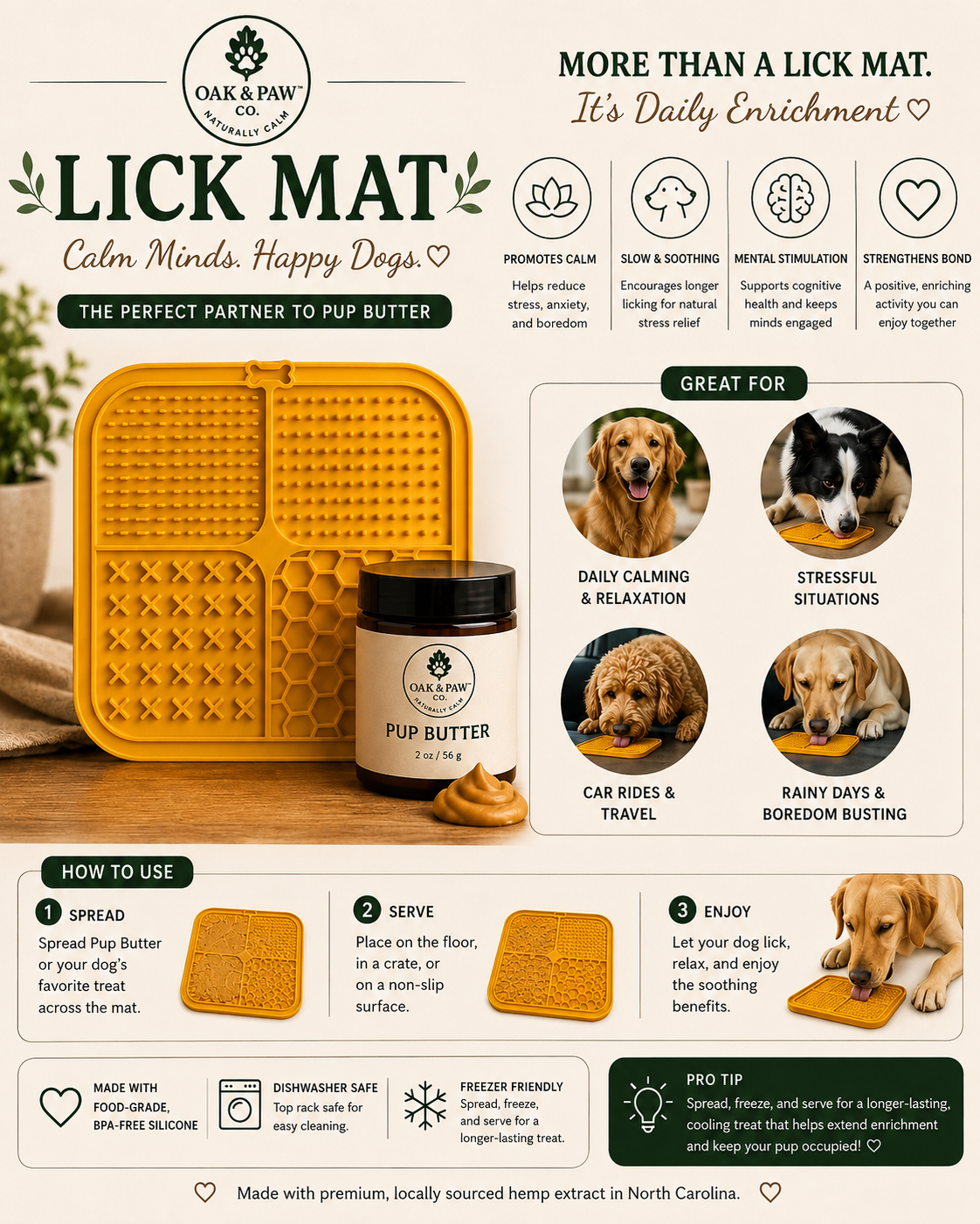 Lick mat and Pup Butter product with Oak & Paw branding on a white background