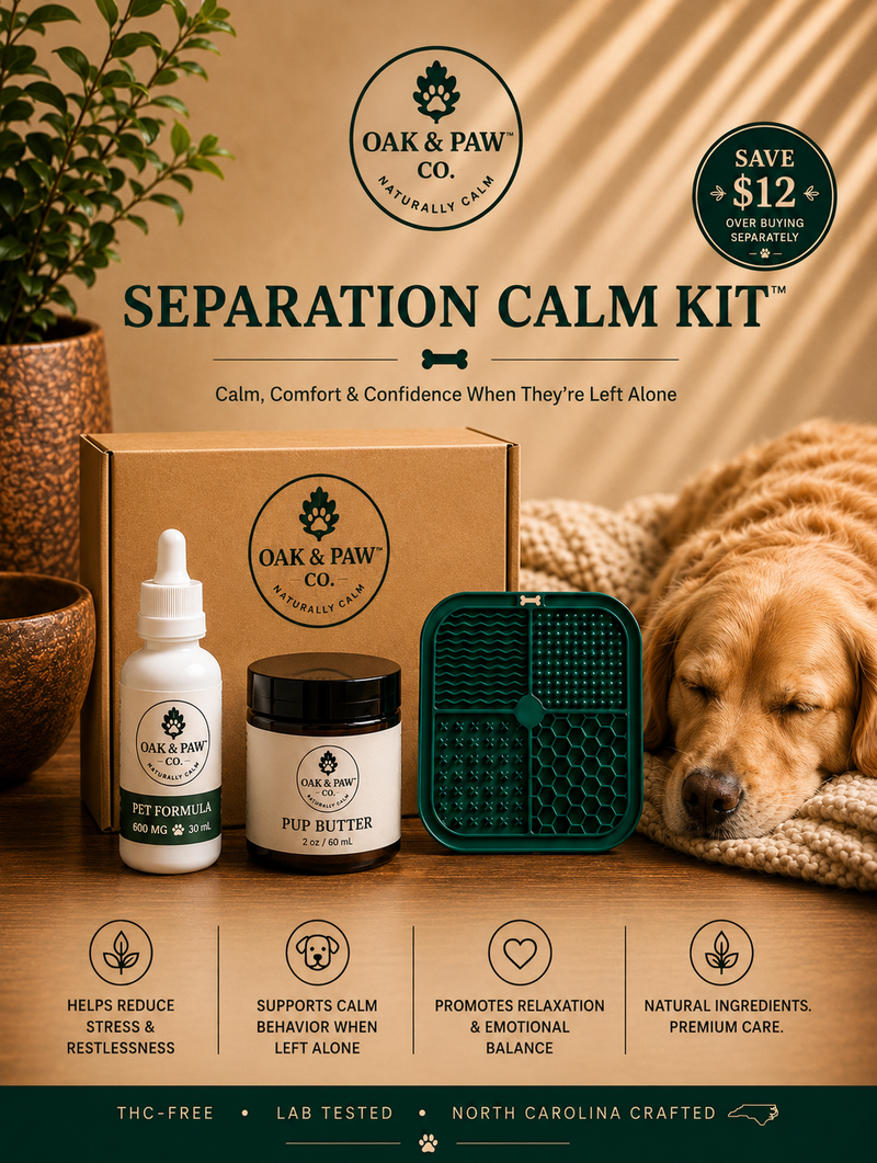 Oak & Paw Co. Separation Calm Kit with a dog on a wooden surface