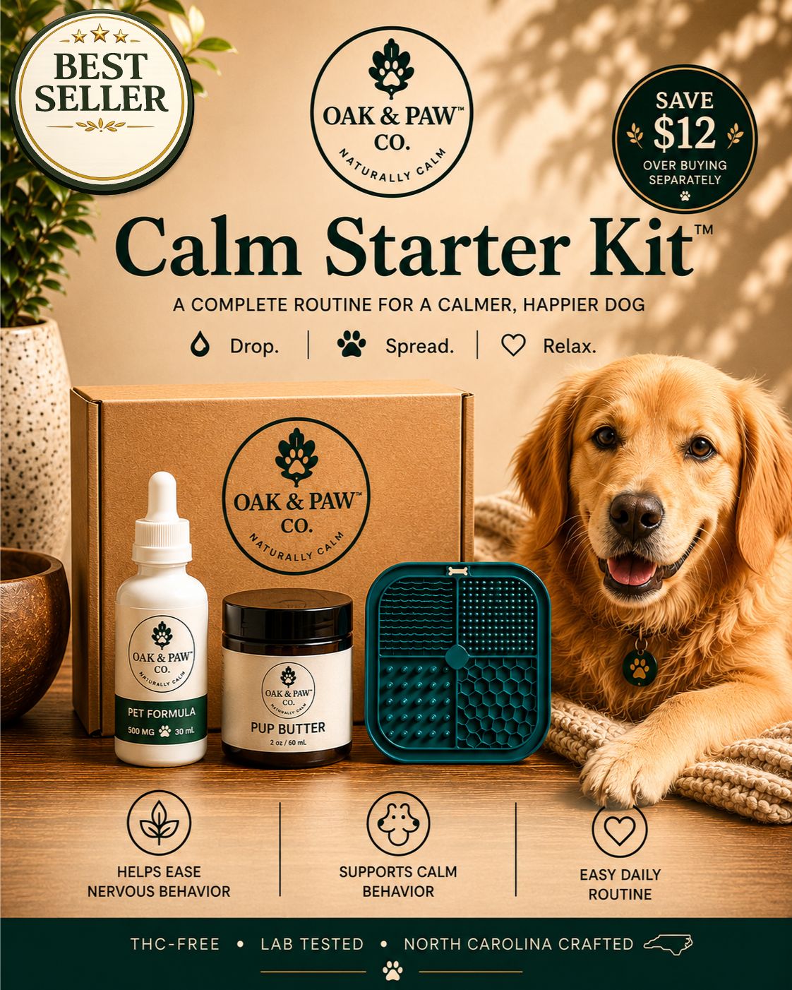 Oak & Paw Co. Calm Starter Kit with a dog on a wooden surface