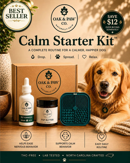 Oak & Paw Co. Calm Starter Kit with a dog on a wooden surface