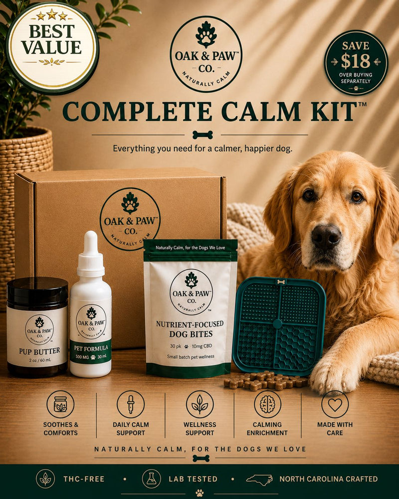 Oak & Paw Co. Complete Calm Kit with a dog on a wooden surface